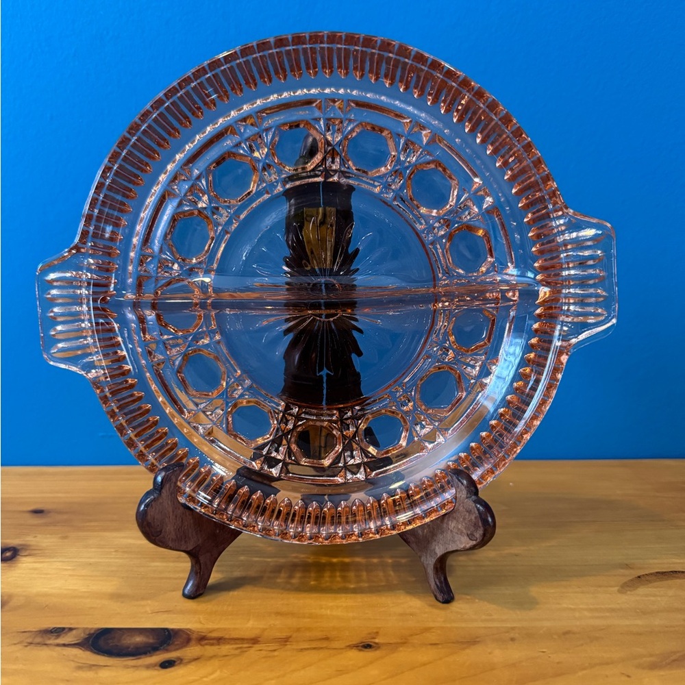 🫟3/$25🫟 Vintage Pink Glass Starburst Candy Dish Divider Double Handle Depression